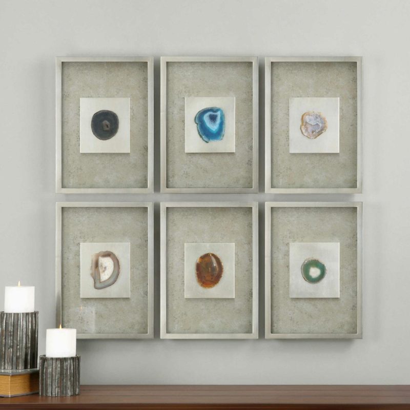 Framed Objects |  Agate Stone Silver Shadow Box, S/6