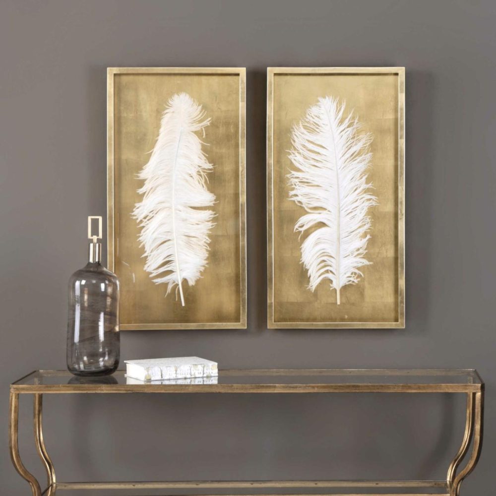 Framed Objects |  White Feathers Shadow Boxes, S/2