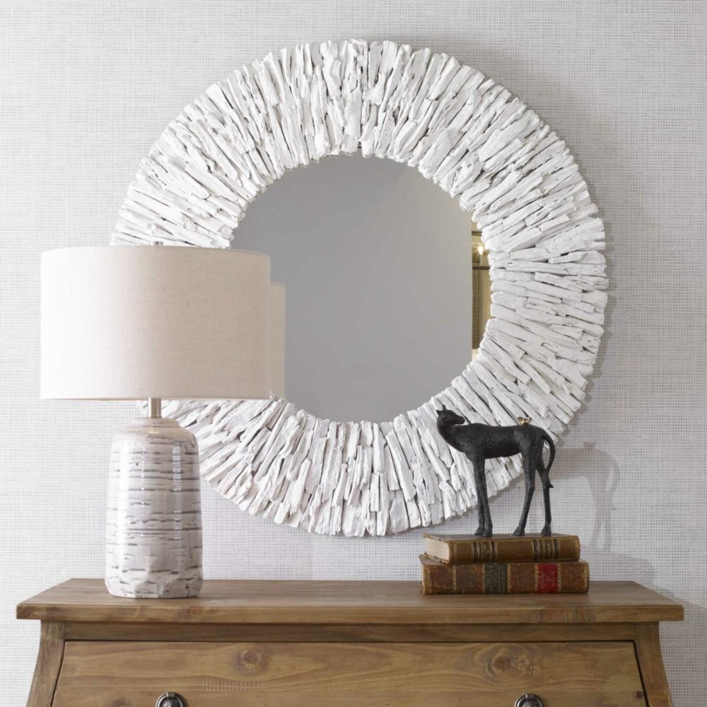 Round |  Teak Branch Round Mirror, White