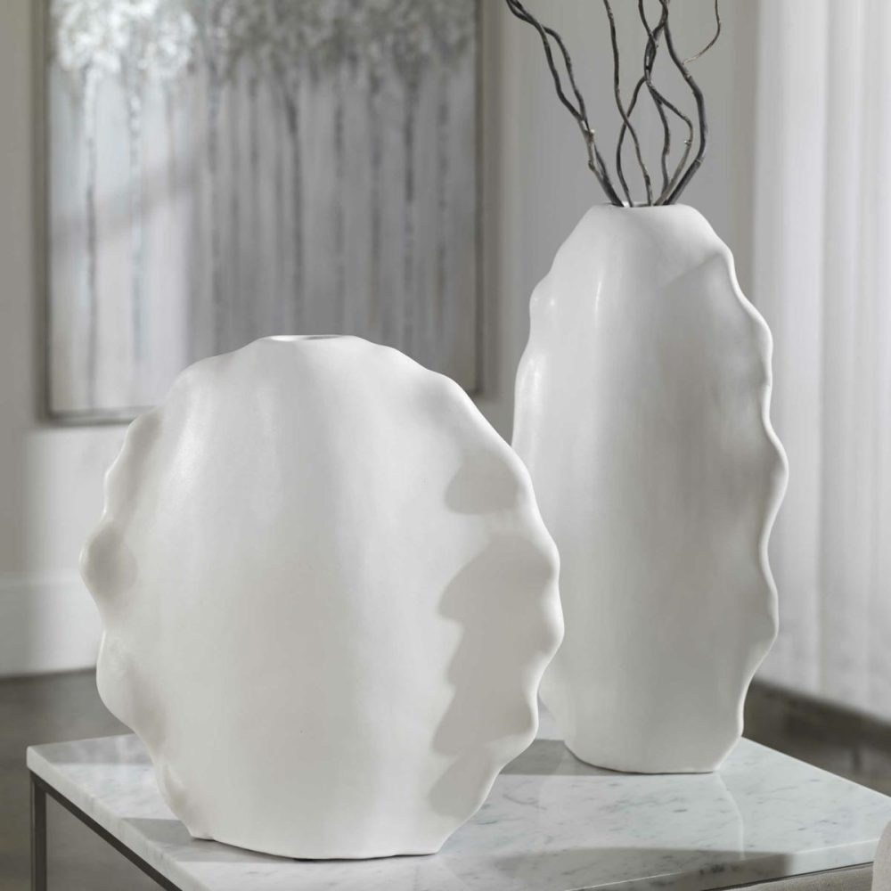 Vases-Urns-Finials |  Ruffled Feathers Vases, White, S/2