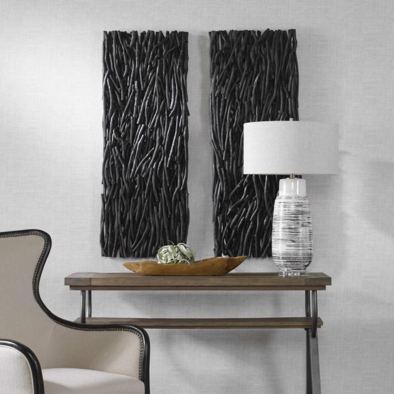 Wood Wall Decor |  Gathered Teak Wood Wall Decor, Black