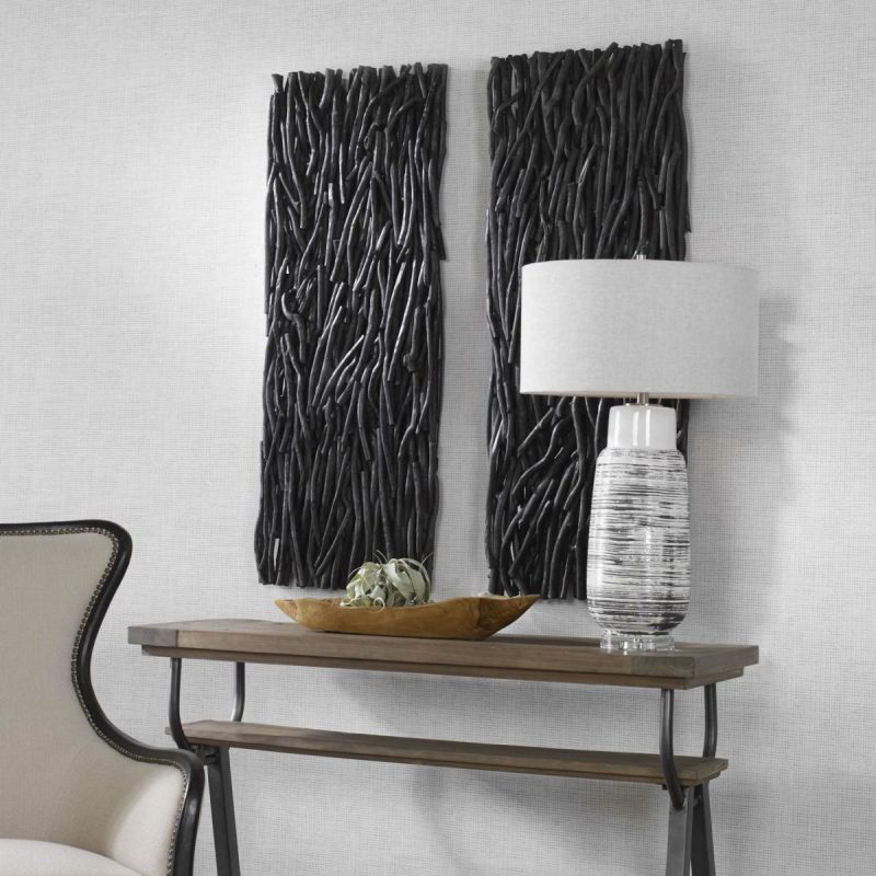 Wood Wall Decor |  Gathered Teak Wood Wall Decor, Black